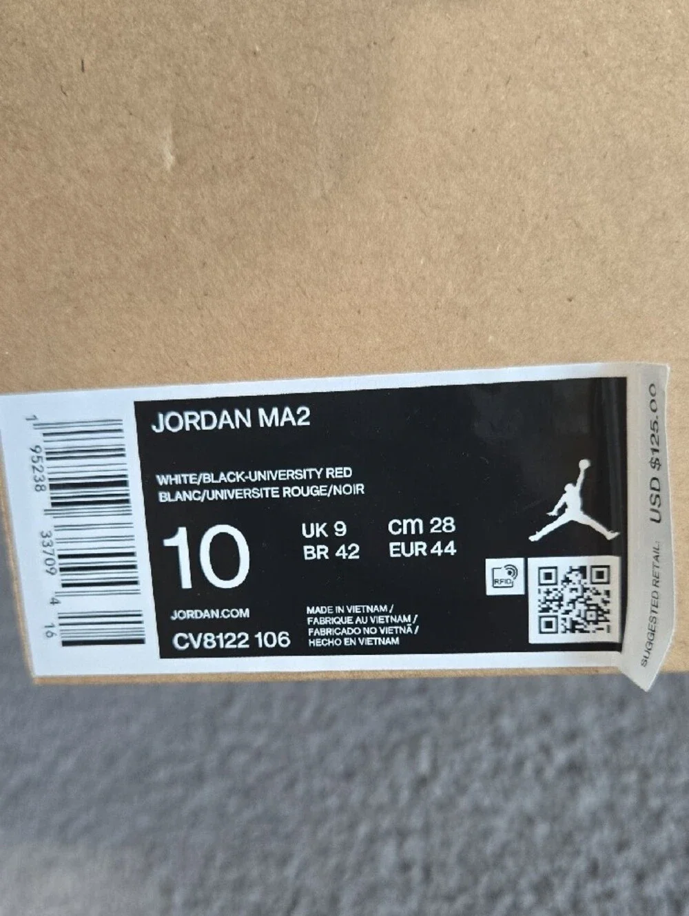 Jordan Ma2 Size 10 White Black Red